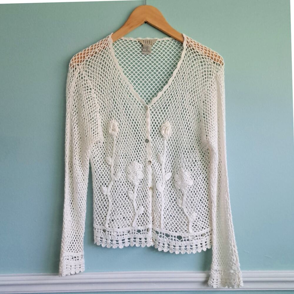 TEDDI Vintage Off-White Open Knit Crochet Cardigan Floral Boho Sweater Medium